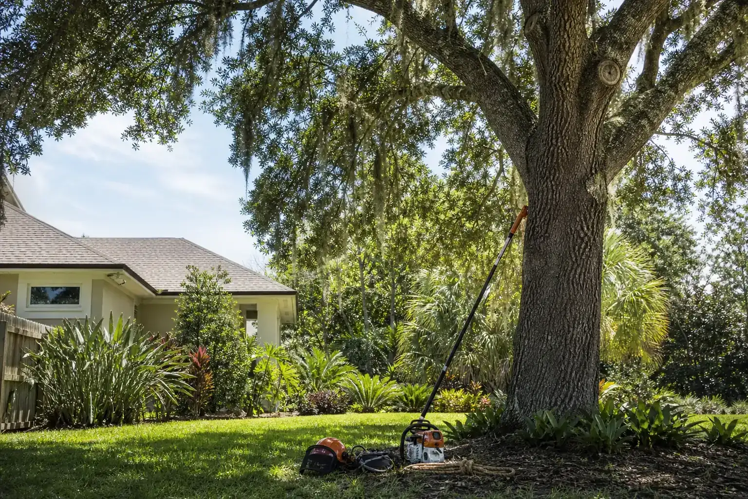 Mature Florida tree in a residential yard during a discussion of common tree issues in daytona beach, florida Mature Florida tree in a residential yard during a discussion of common tree issues in daytona beach, florida