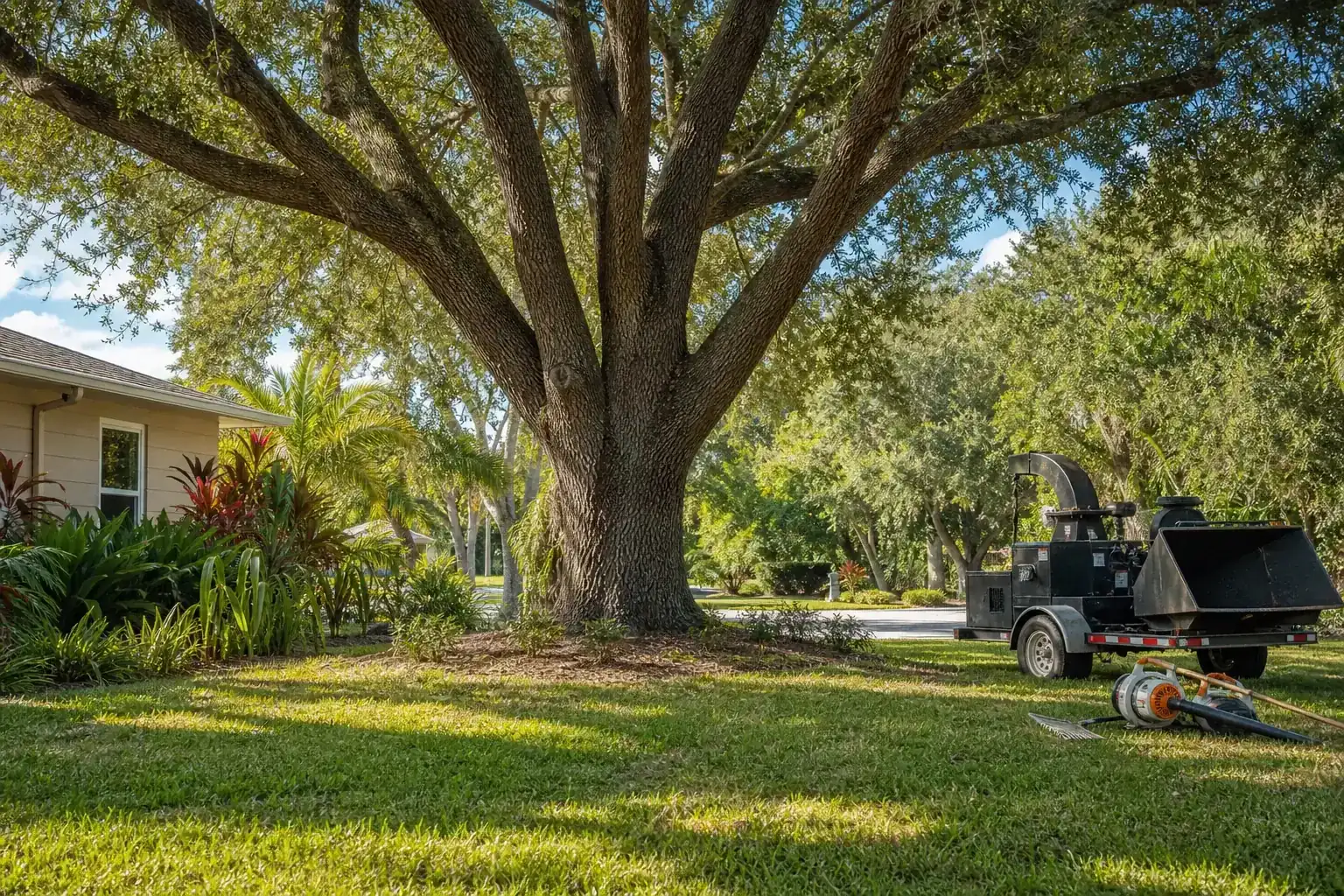 Mature Florida tree in a residential yard illustrating understanding commercial tree work services Mature Florida tree in a residential yard illustrating understanding commercial tree work services